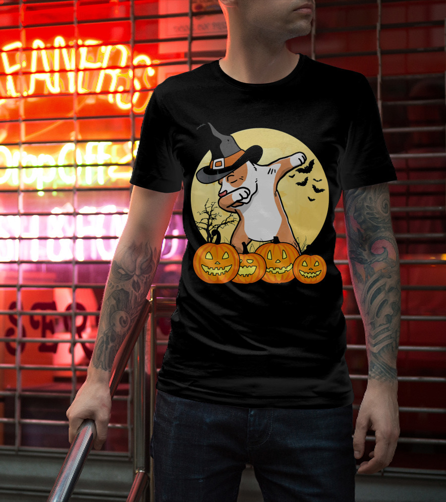 Dabbing Pit Bull Halloween Witch Hat Pumpkins Bats Dance Funny Dog T-Shirt