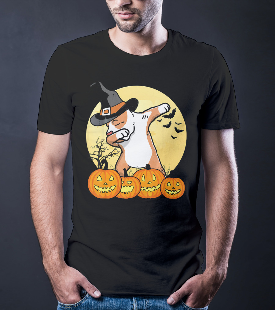 Dabbing Pit Bull Halloween Witch Hat Pumpkins Bats Dance Funny Dog T-Shirt