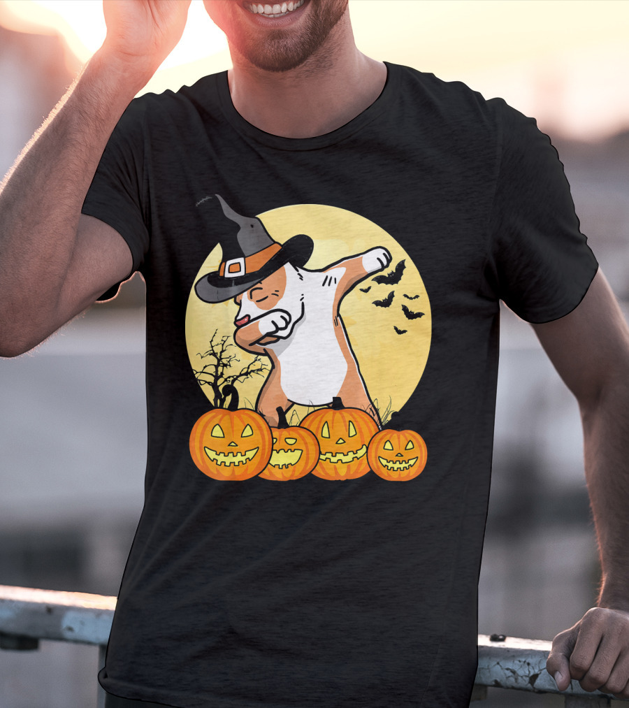 Dabbing Pit Bull Halloween Witch Hat Pumpkins Bats Dance Funny Dog T-Shirt