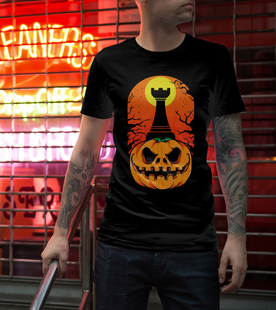 Spooky Rook Pumpkin Halloween Chess Tower Moon T-Shirt