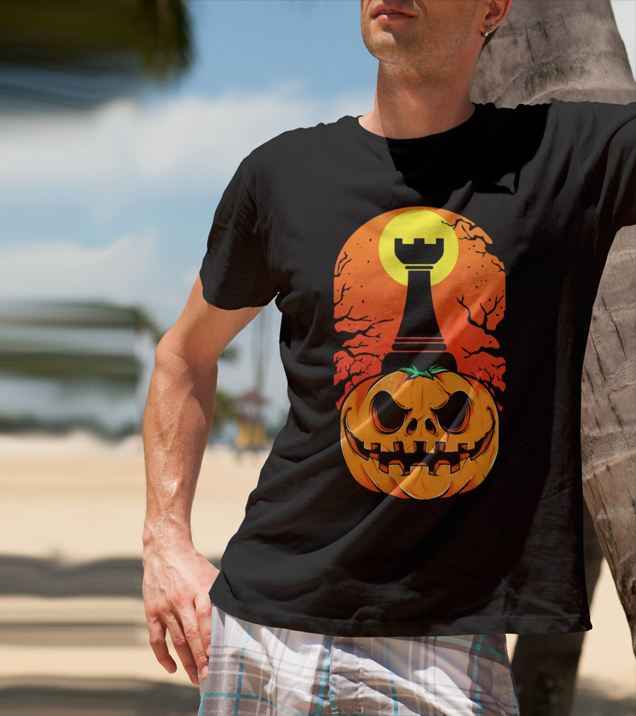 Spooky Rook Pumpkin Halloween Chess Tower Moon T-Shirt