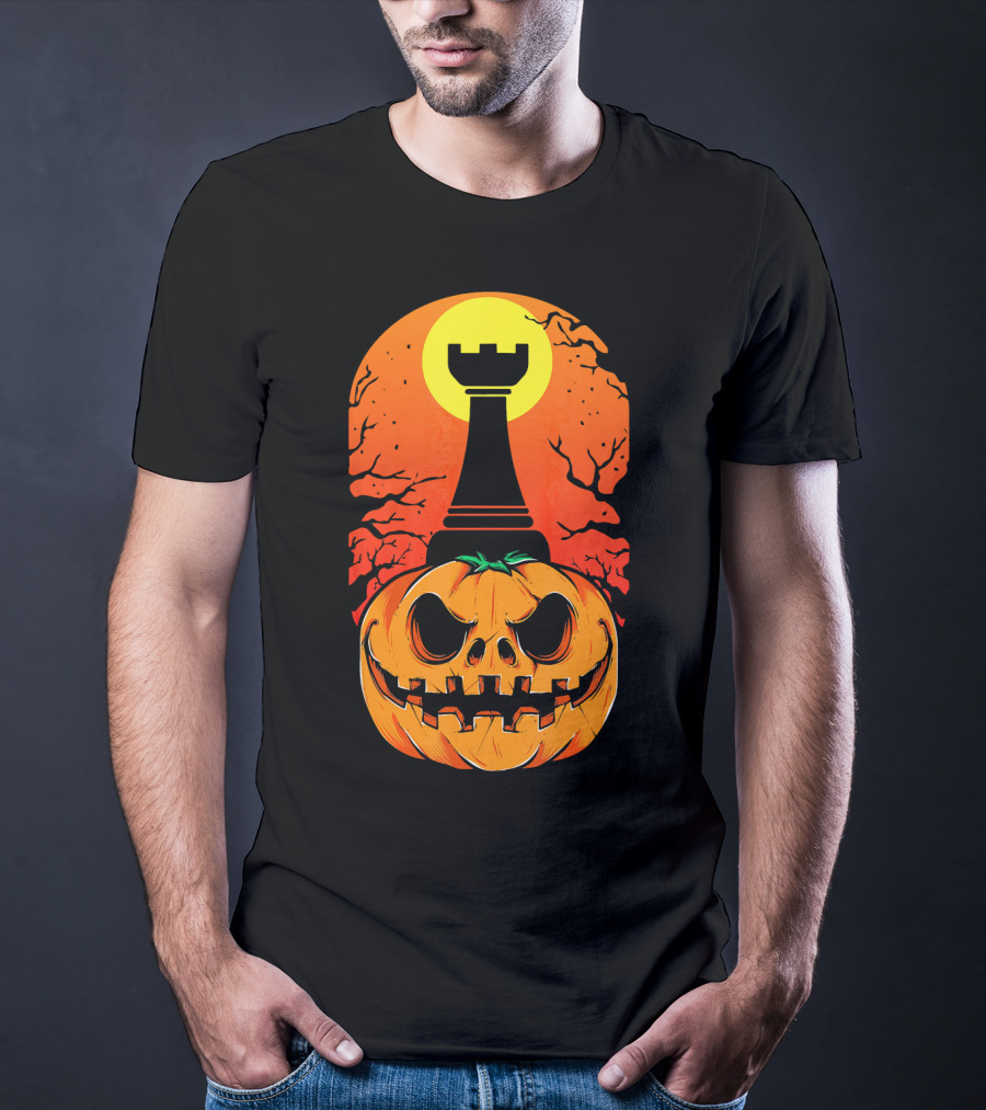 Spooky Rook Pumpkin Halloween Chess Tower Moon T-Shirt