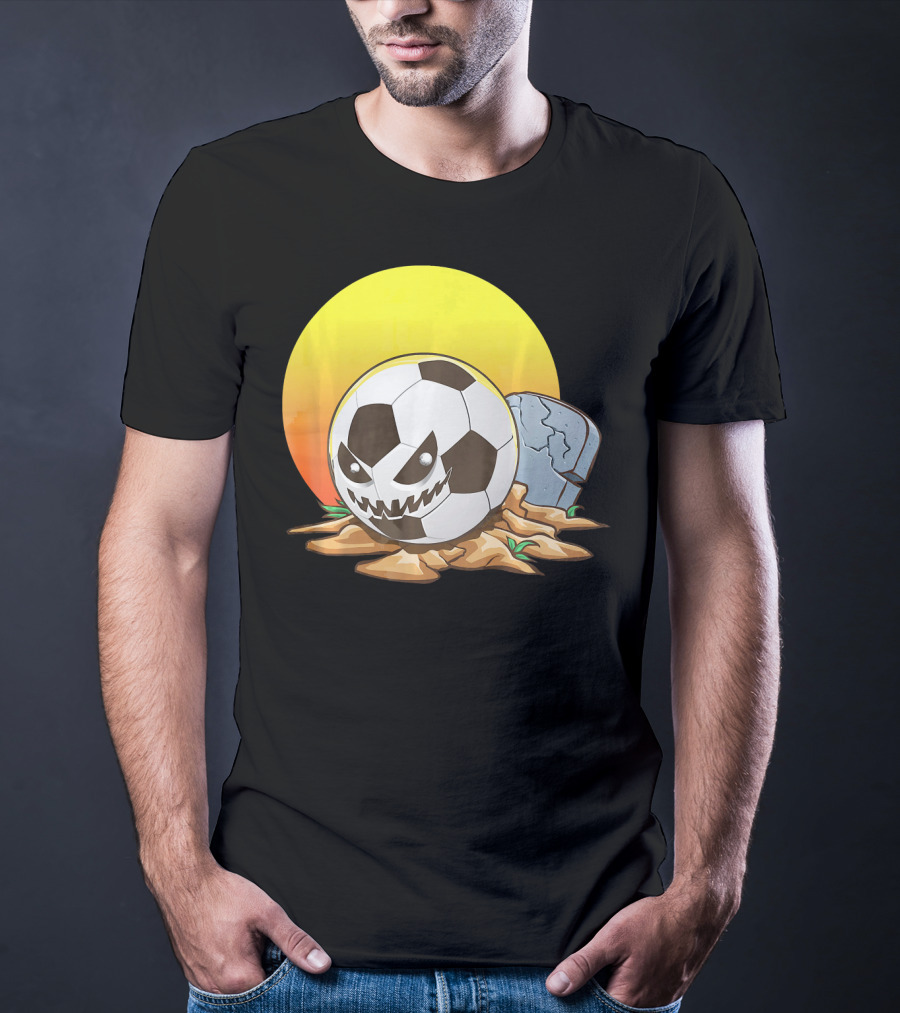 Soccer Halloween Goal With Spooky Jack-O'-Lantern Face And Graveyard Scene T-Shirt