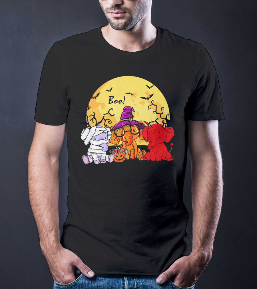 Boo Three Elephants Halloween Costume Party With Moon And Bats T-Shirt