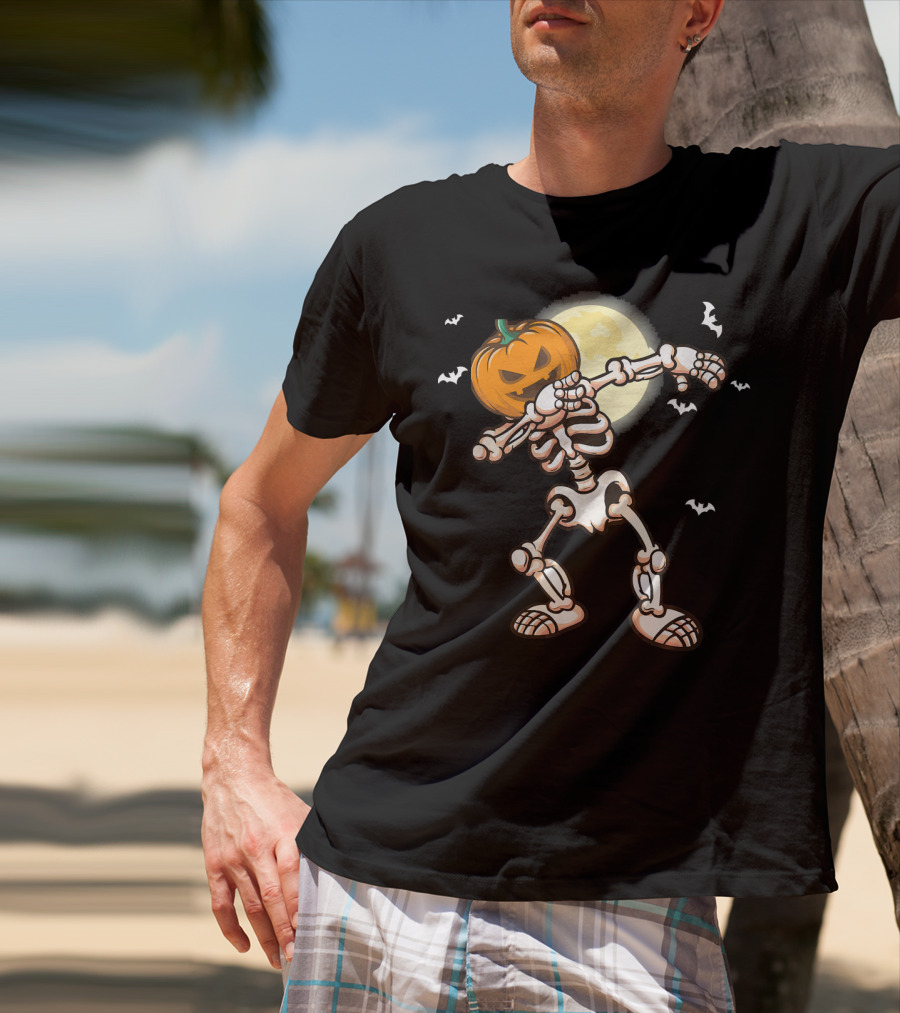 Skeleton Dabbing With Pumpkin Head And Bats T-Shirt