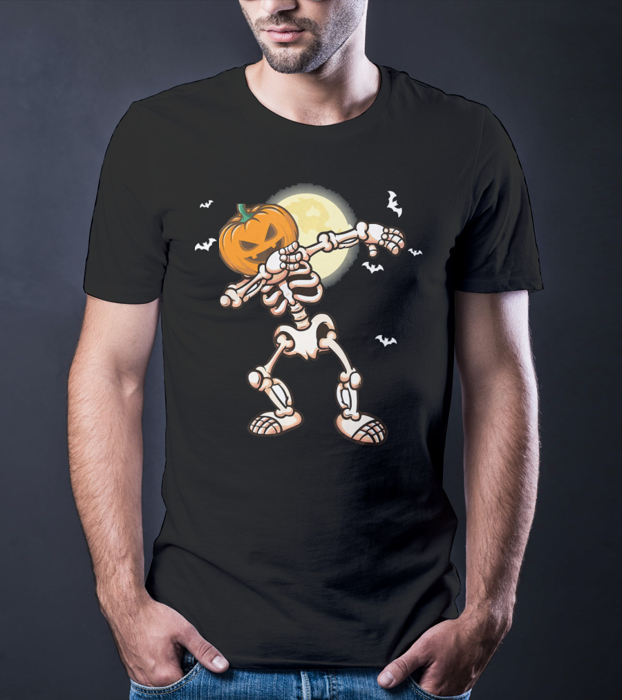 Skeleton Dabbing With Pumpkin Head And Bats T-Shirt