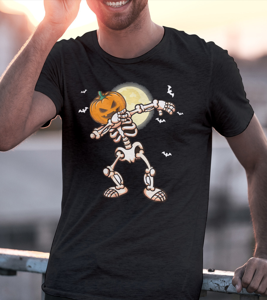 Skeleton Dabbing With Pumpkin Head And Bats T-Shirt