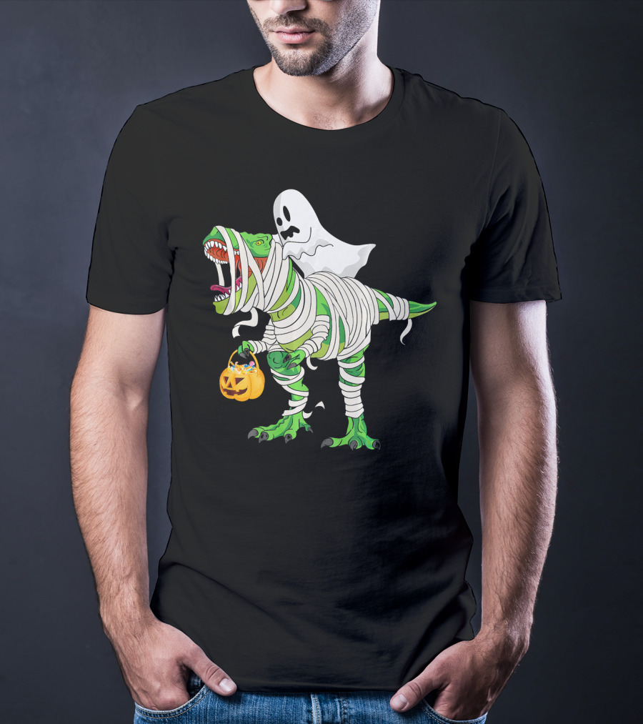 Ghost Mummy Riding T-Rex Trick Or Treat T-Shirt