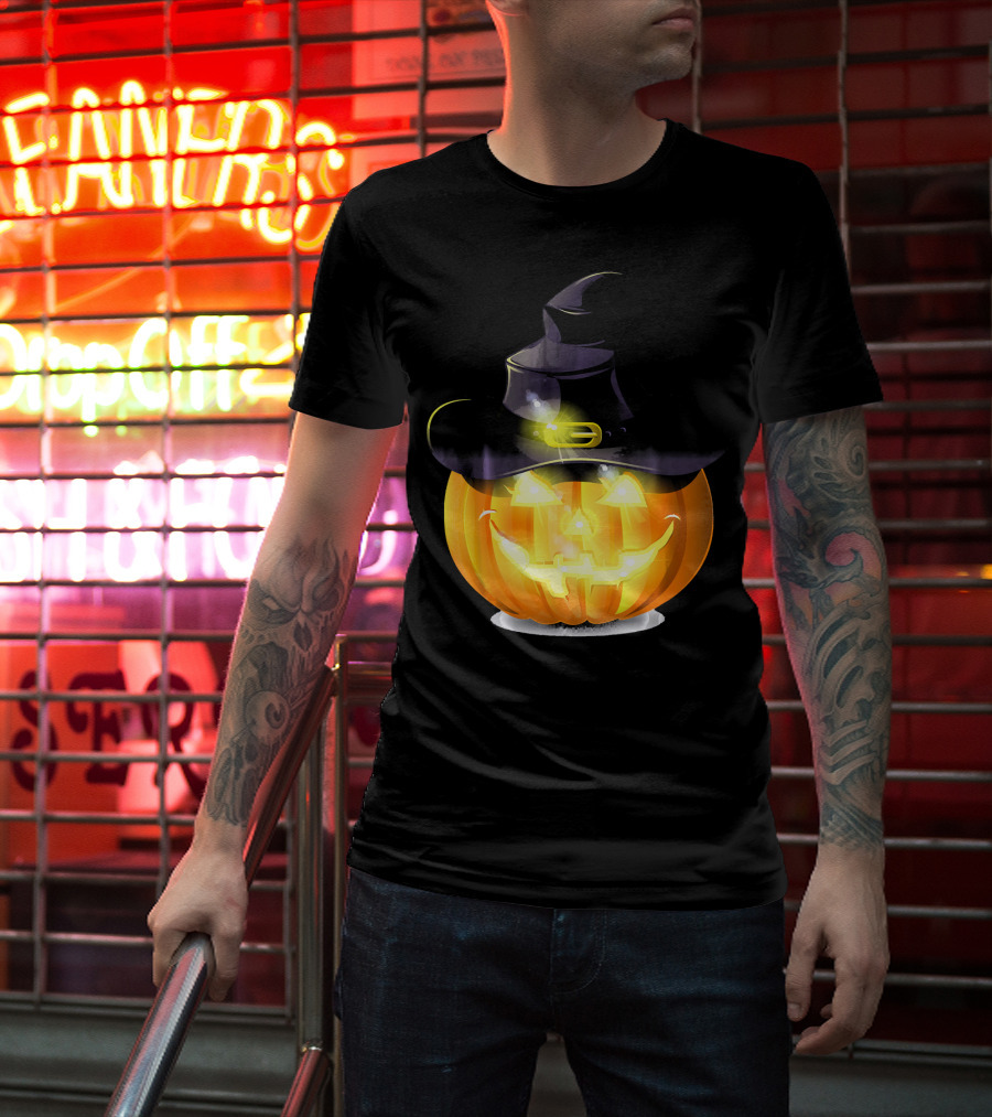 Halloween Horror Pumpkin Witch Hat Glowing Face T-Shirt