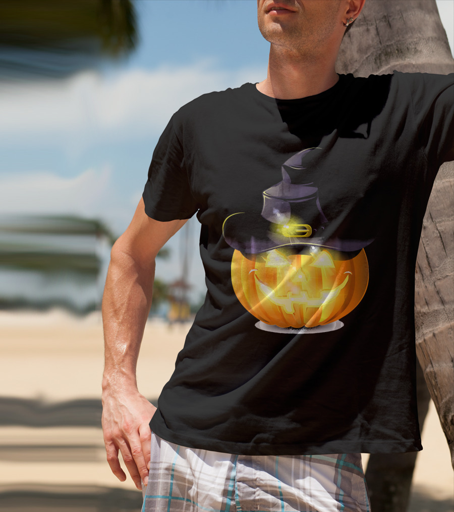 Halloween Horror Pumpkin Witch Hat Glowing Face T-Shirt
