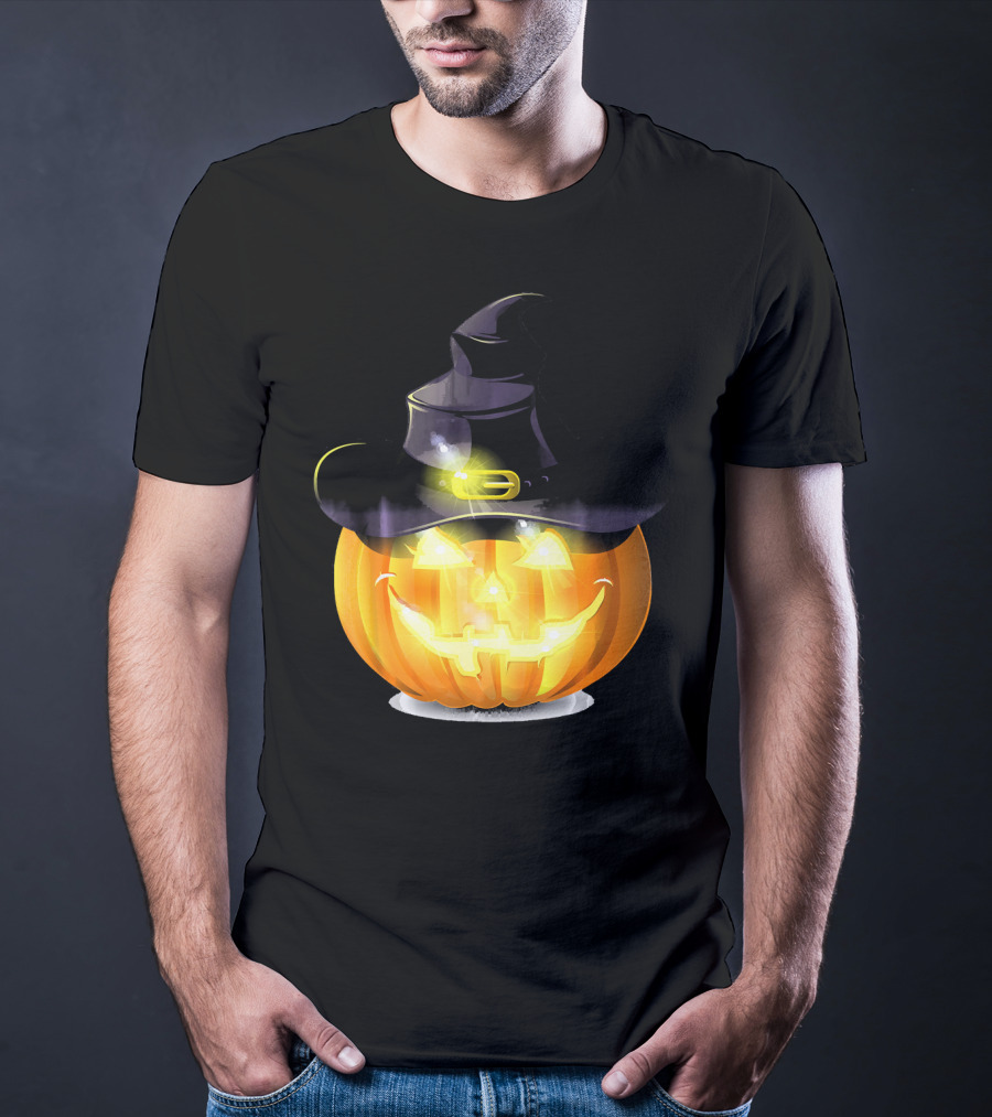 Halloween Horror Pumpkin Witch Hat Glowing Face T-Shirt
