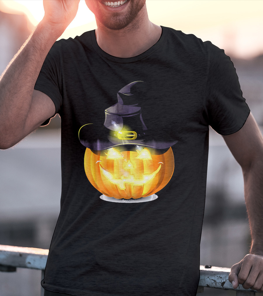 Halloween Horror Pumpkin Witch Hat Glowing Face T-Shirt