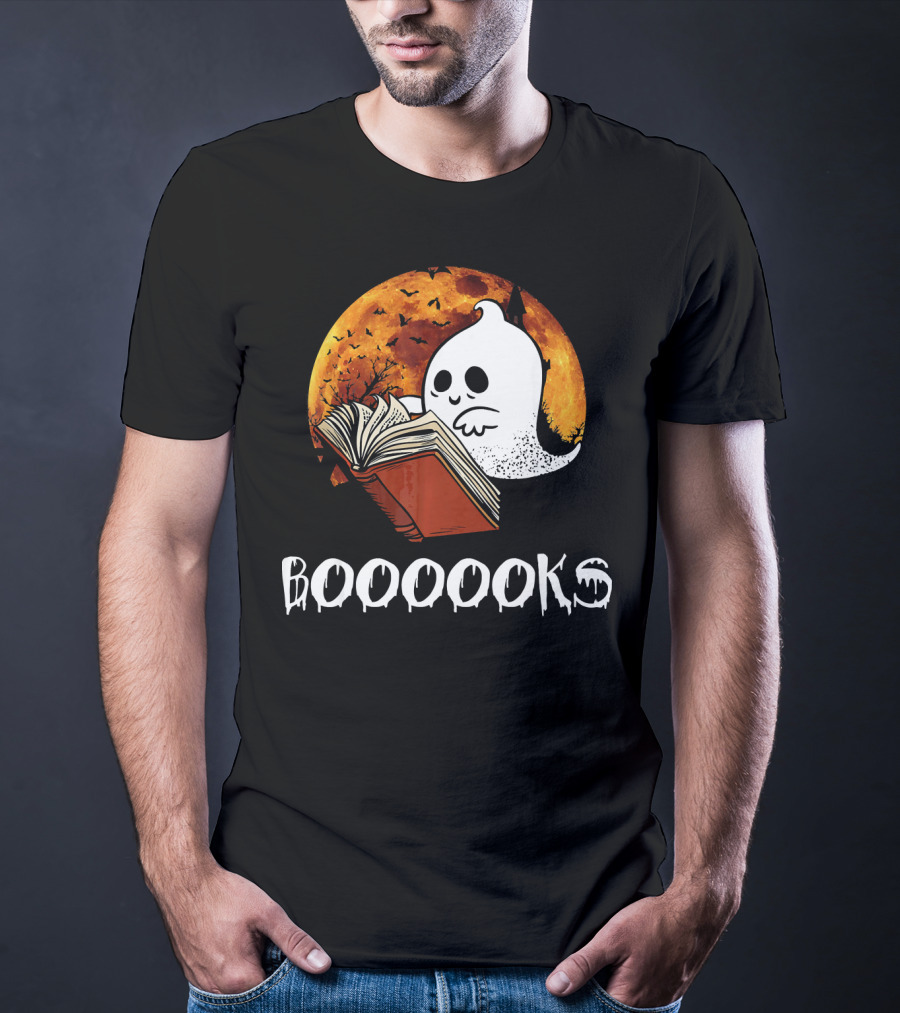 Booooooks Boo Reading Books Hall Ghost With Open Book And Moon Bats T-Shirt
