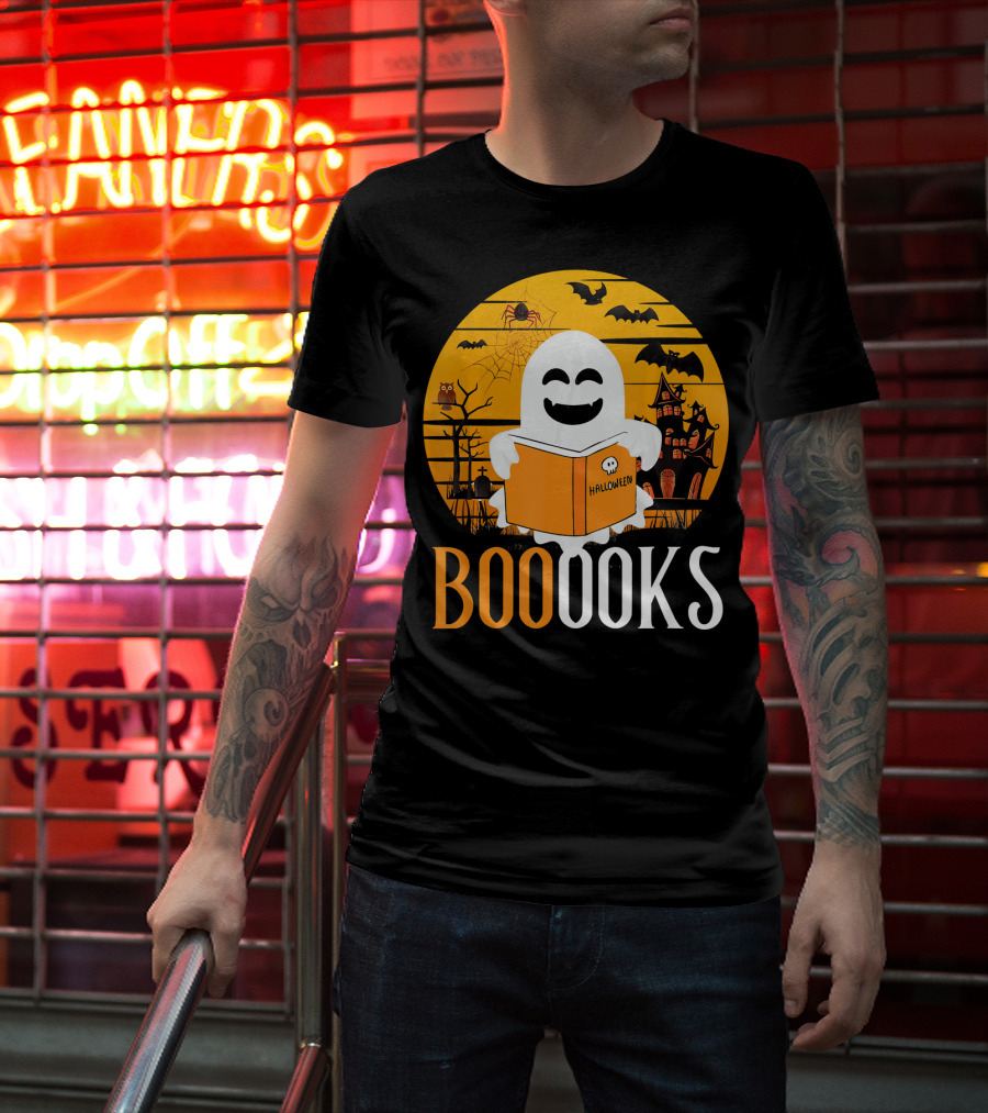 Halloween Ghost Reading Booooks In Spooky Setting With Funny Teacher T-Shirt