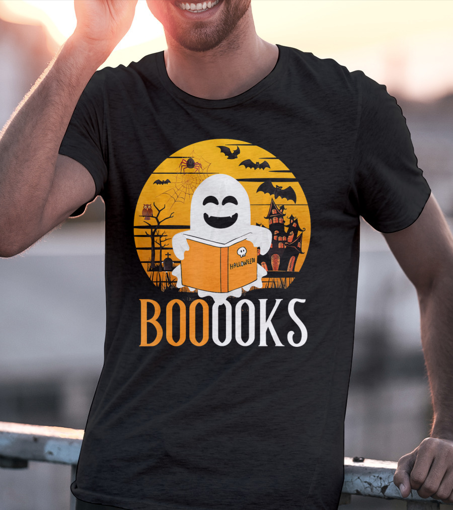 Halloween Ghost Reading Booooks In Spooky Setting With Funny Teacher T-Shirt