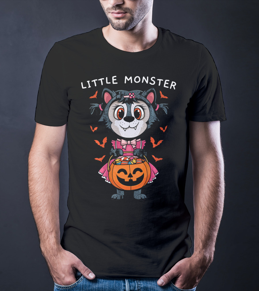 Little Monster Halloween Werewolf With Pumpkin Candy T-Shirt