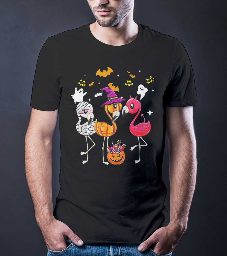 Flamingo Halloween Candy Witch Ghost Bats Pumpkin T-Shirt