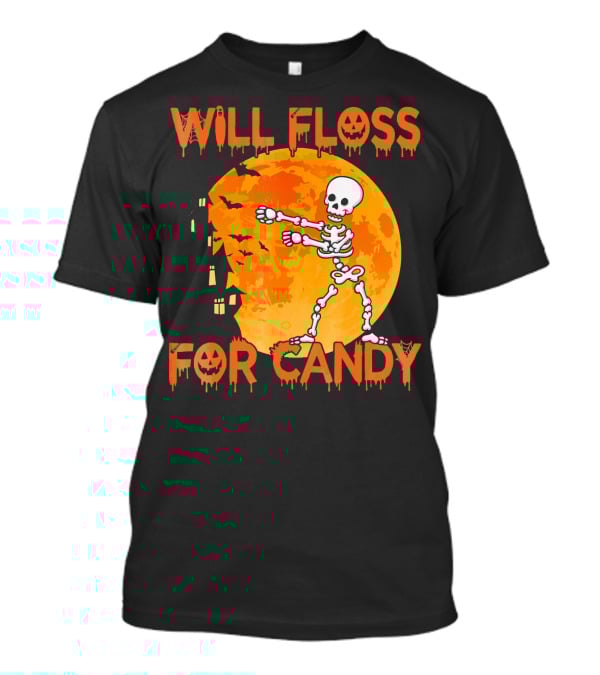 Will Floss For Candy Dancing Skeleton Halloween Moon Bats T-Shirt