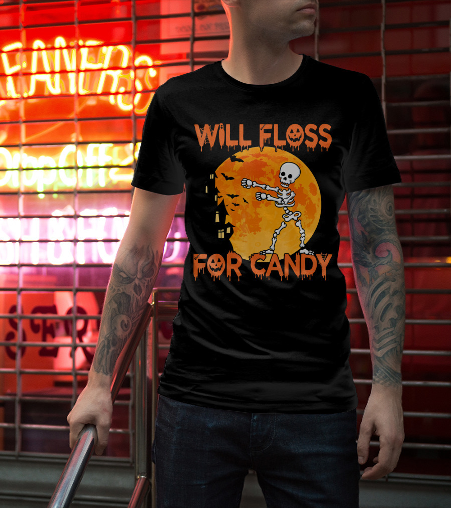 Will Floss For Candy Dancing Skeleton Halloween Moon Bats T-Shirt