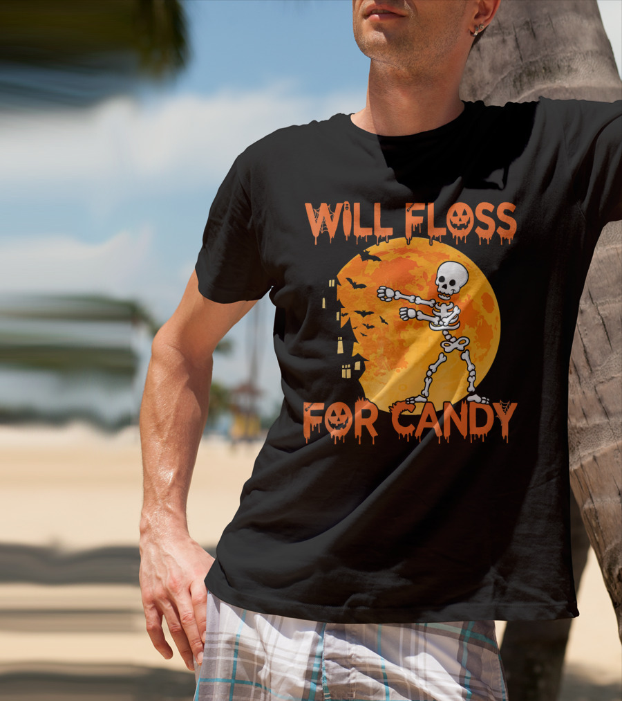 Will Floss For Candy Dancing Skeleton Halloween Moon Bats T-Shirt