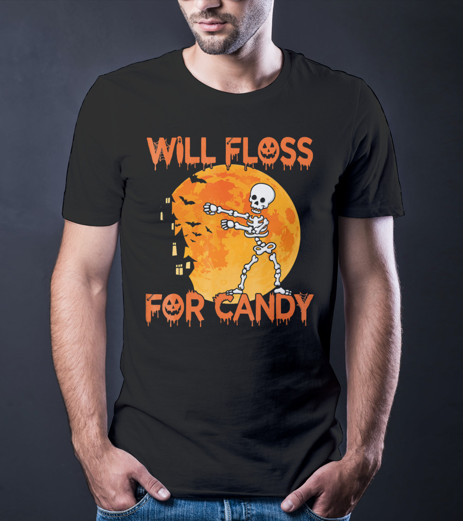 Will Floss For Candy Dancing Skeleton Halloween Moon Bats T-Shirt