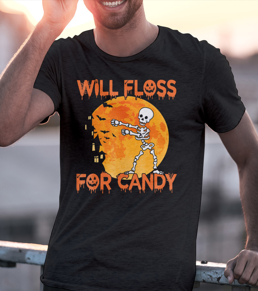 Will Floss For Candy Dancing Skeleton Halloween Moon Bats T-Shirt