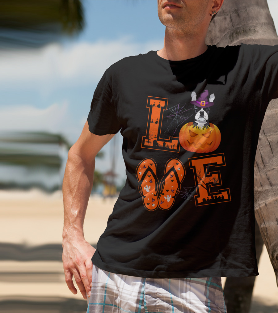 LOVE French Bulldog Pumpkin Halloween Ghosts Spider Webs T-Shirt