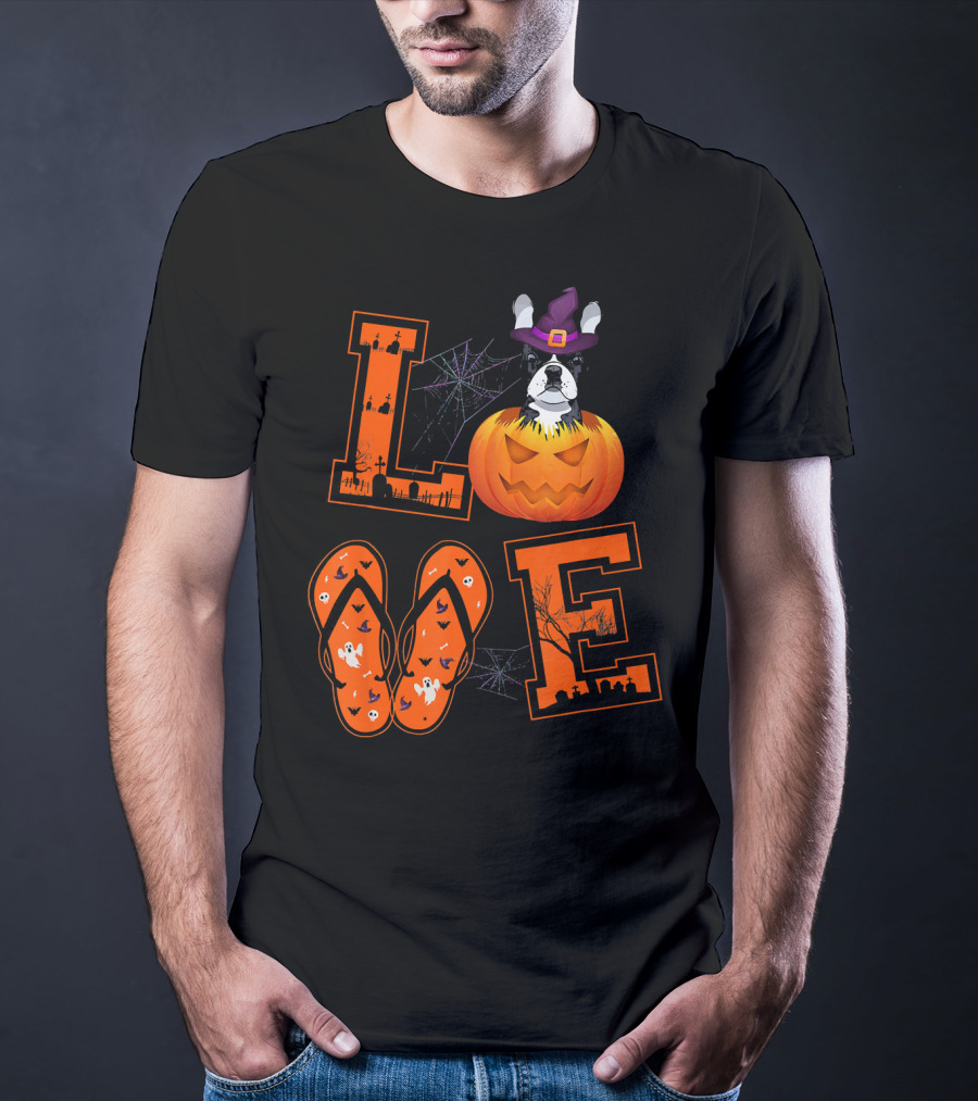 LOVE French Bulldog Pumpkin Halloween Ghosts Spider Webs T-Shirt