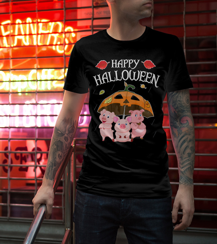 Happy Halloween Pigs Under Jack-o'-Lantern Umbrella T-Shirt