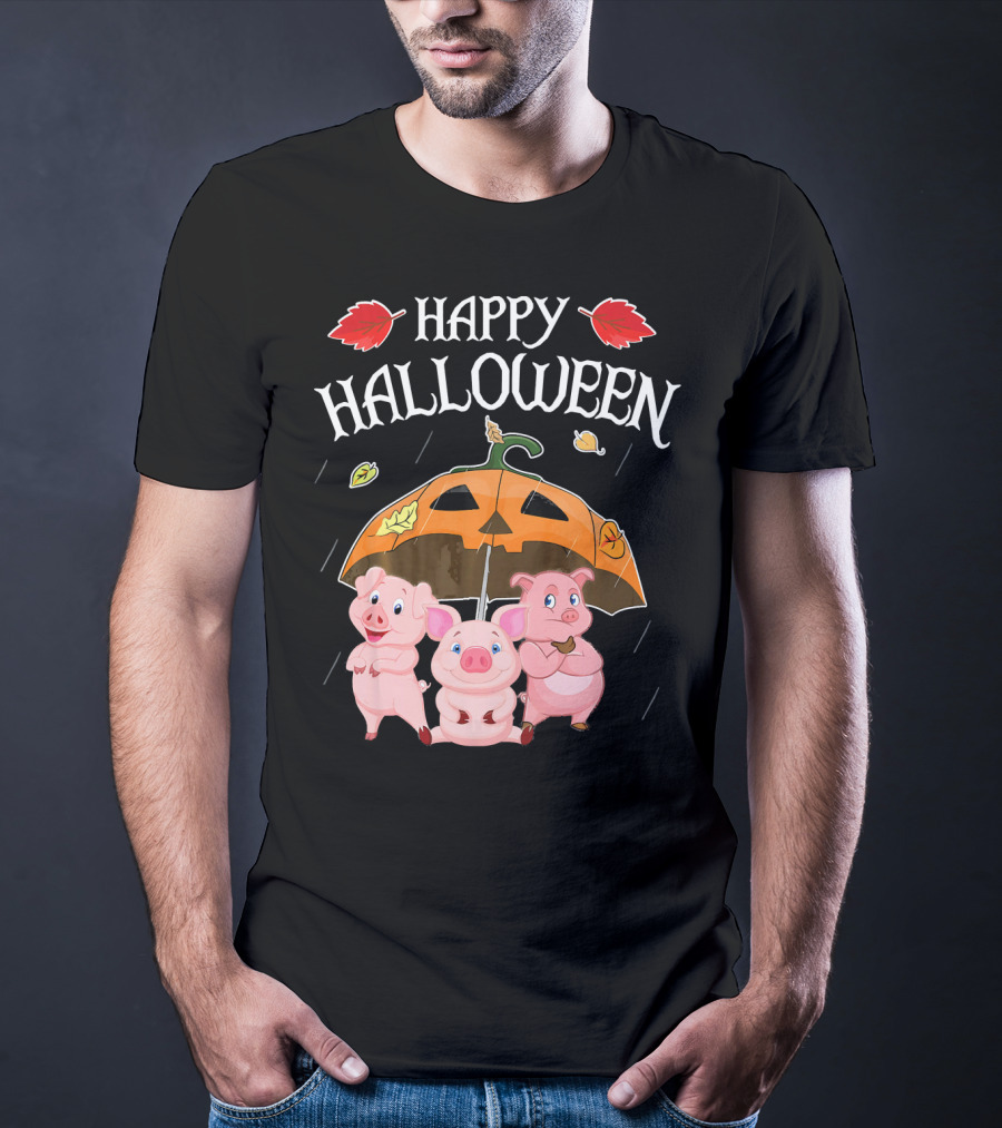Happy Halloween Pigs Under Jack-o'-Lantern Umbrella T-Shirt