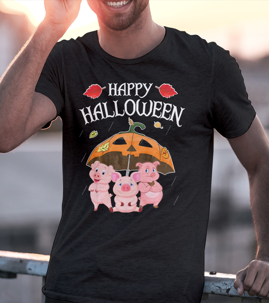 Happy Halloween Pigs Under Jack-o'-Lantern Umbrella T-Shirt