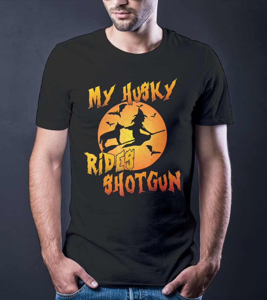 My Husky Rides Shotgun Halloween Witch Moon Bats T-Shirt