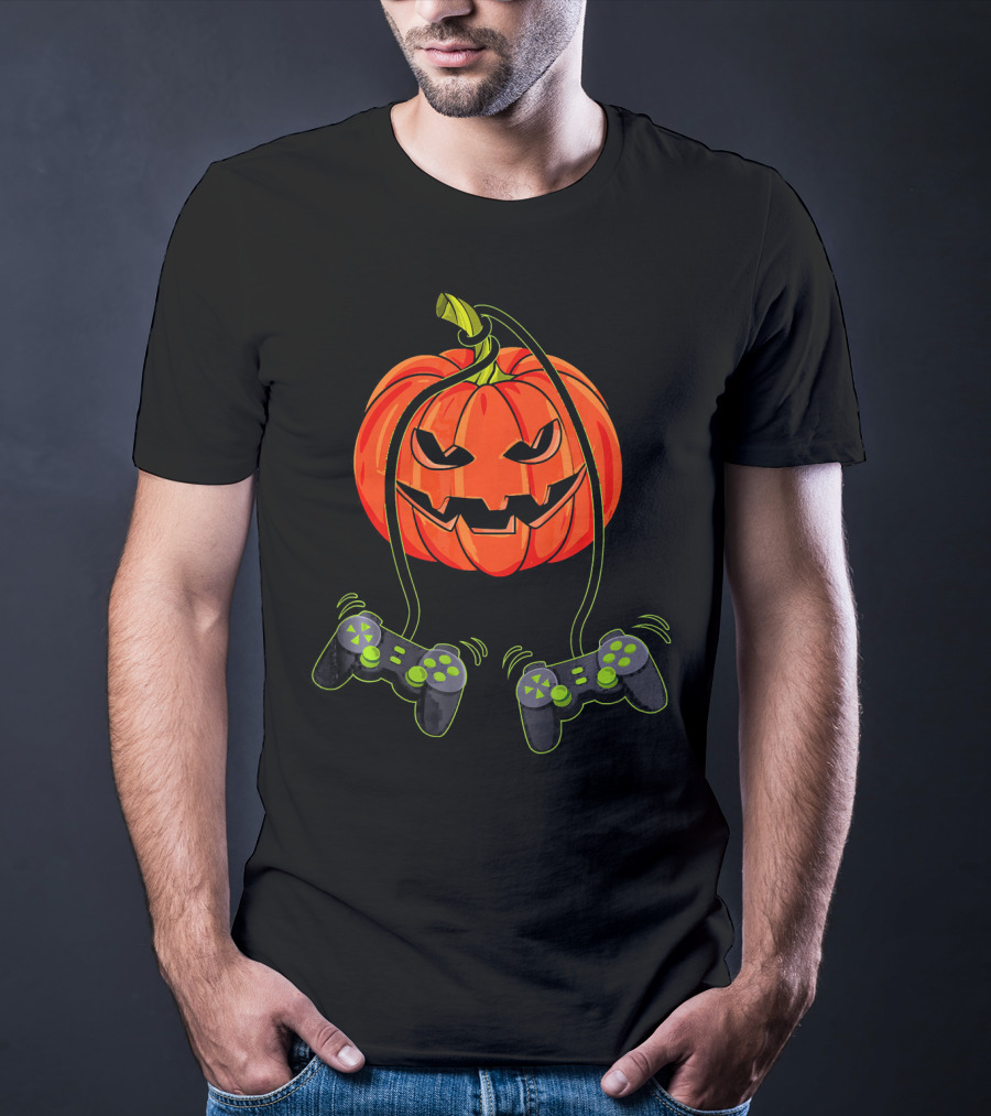 Jack O Lantern With Dual Video Game Controllers T-Shirt