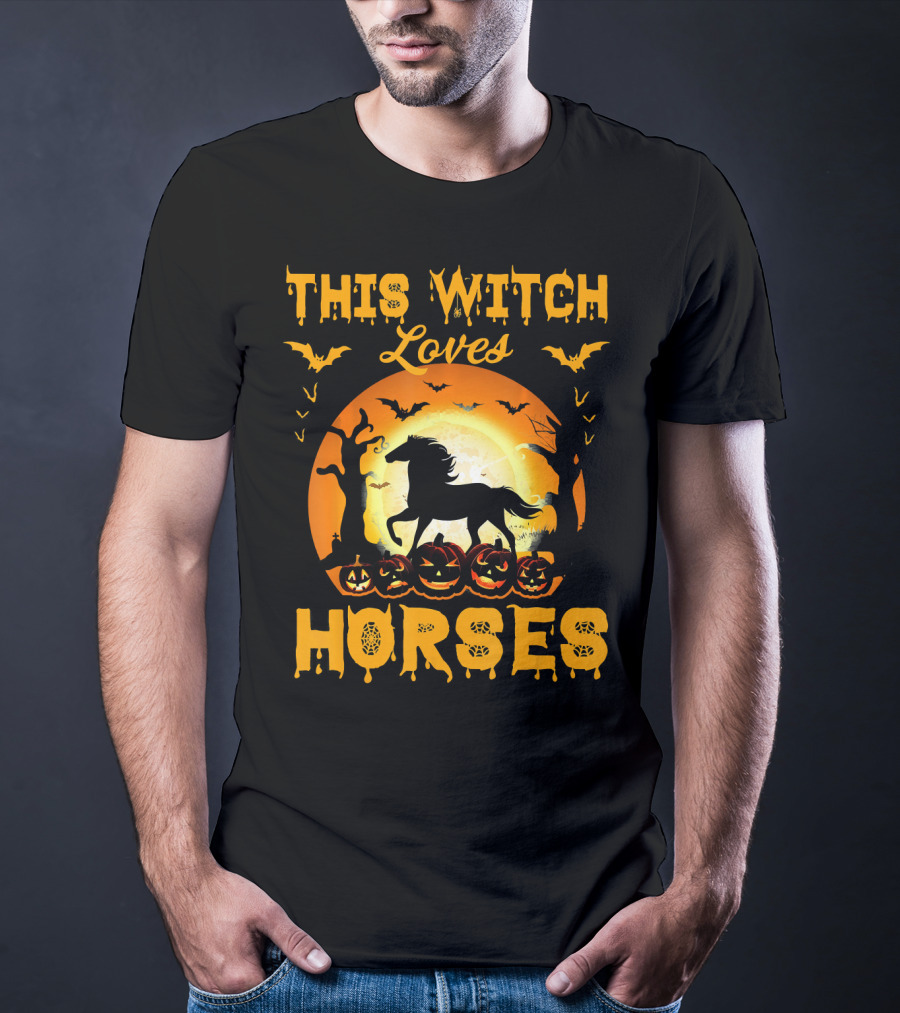 This Witch Loves Horses Halloween Moon And Pumpkins T-Shirt