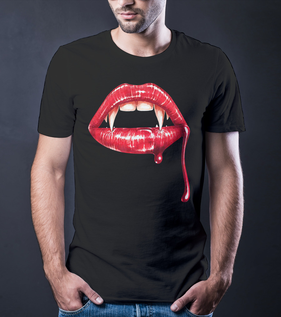 Awesome Vampire Fangs Lips With Blood Dripping Dracula T-Shirt