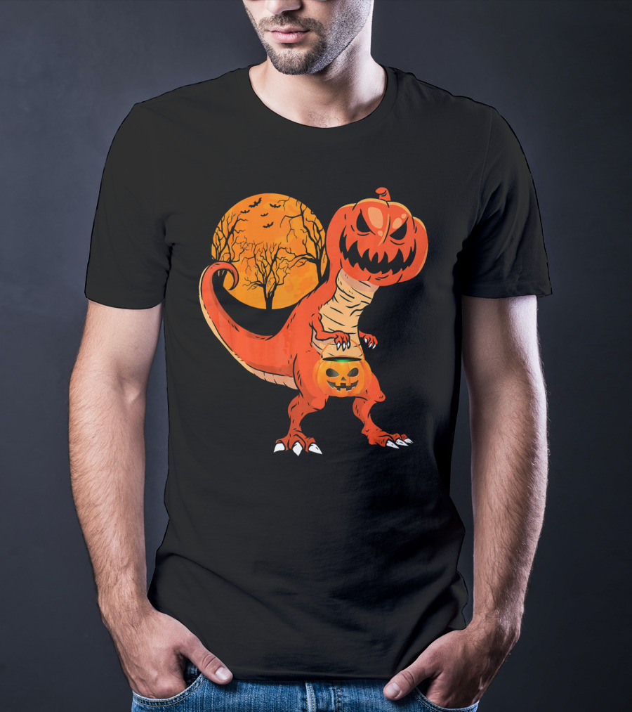 Funny Halloween Dinosaur Pumpkin Head Tree Shadow T-Shirt