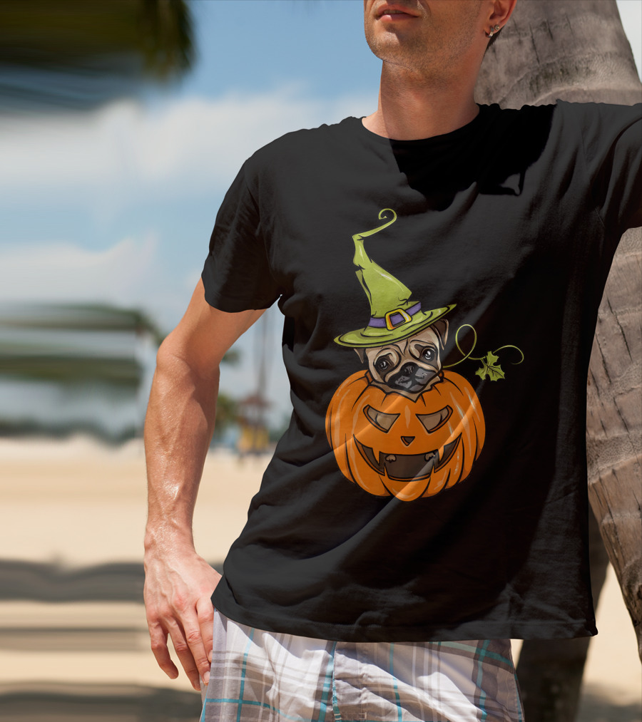 Pumpkin Pug Witch Halloween Costume Women T-Shirt