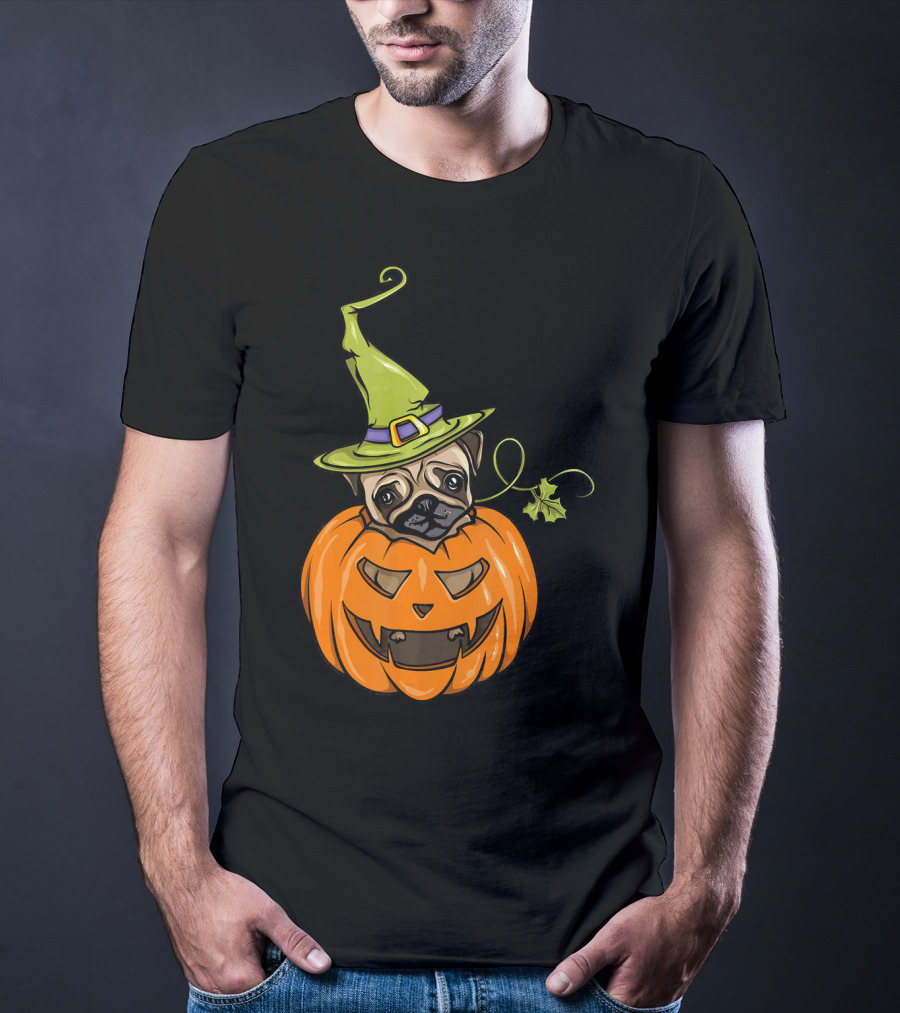 Pumpkin Pug Witch Halloween Costume Women T-Shirt
