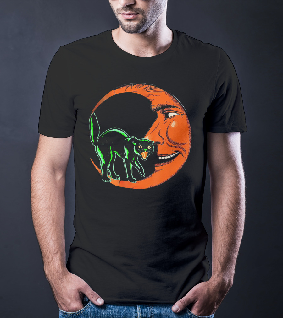 Vintage Halloween Beistle Cat On Crescent Moon T-Shirt