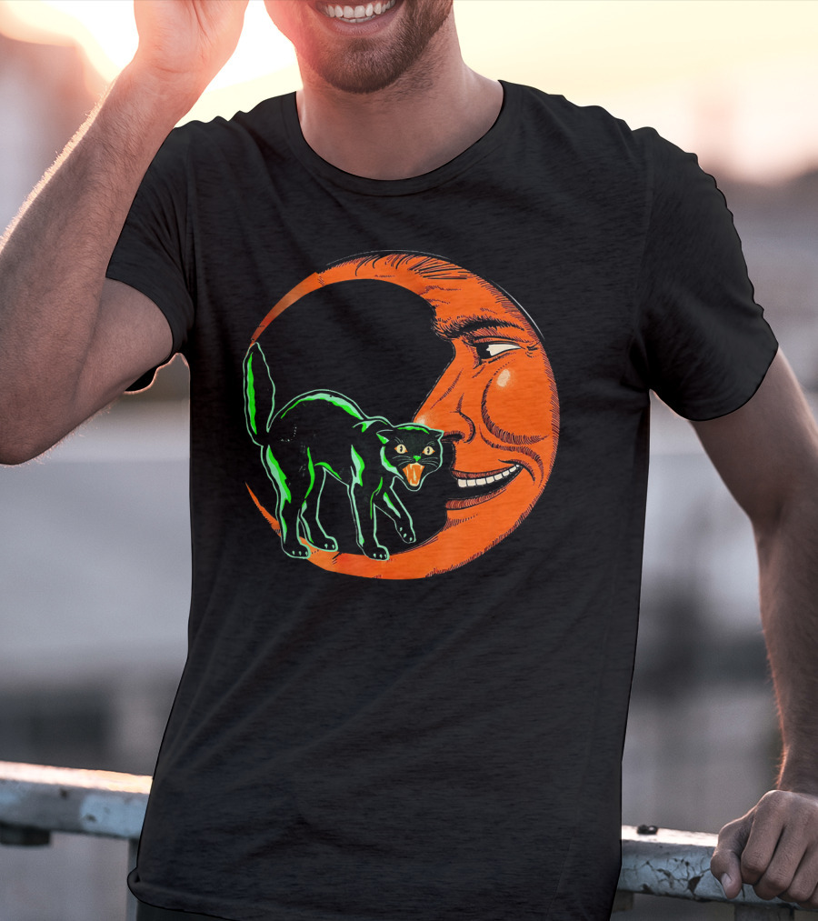 Vintage Halloween Beistle Cat On Crescent Moon T-Shirt