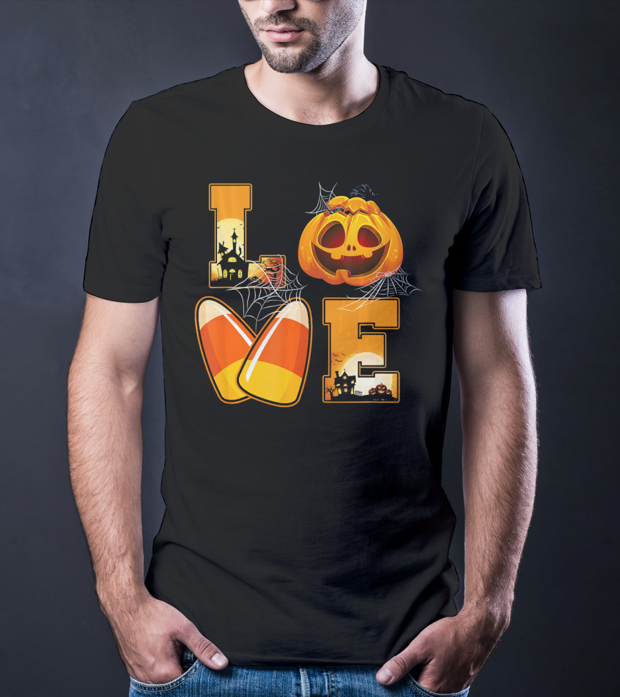 Love Candy Corn Pumpkin Halloween Spiderwebs T-Shirt