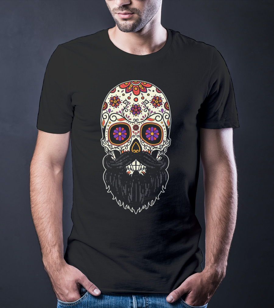 Beard Sugar Skull Floral Pattern Día De Los Muertos T-Shirt