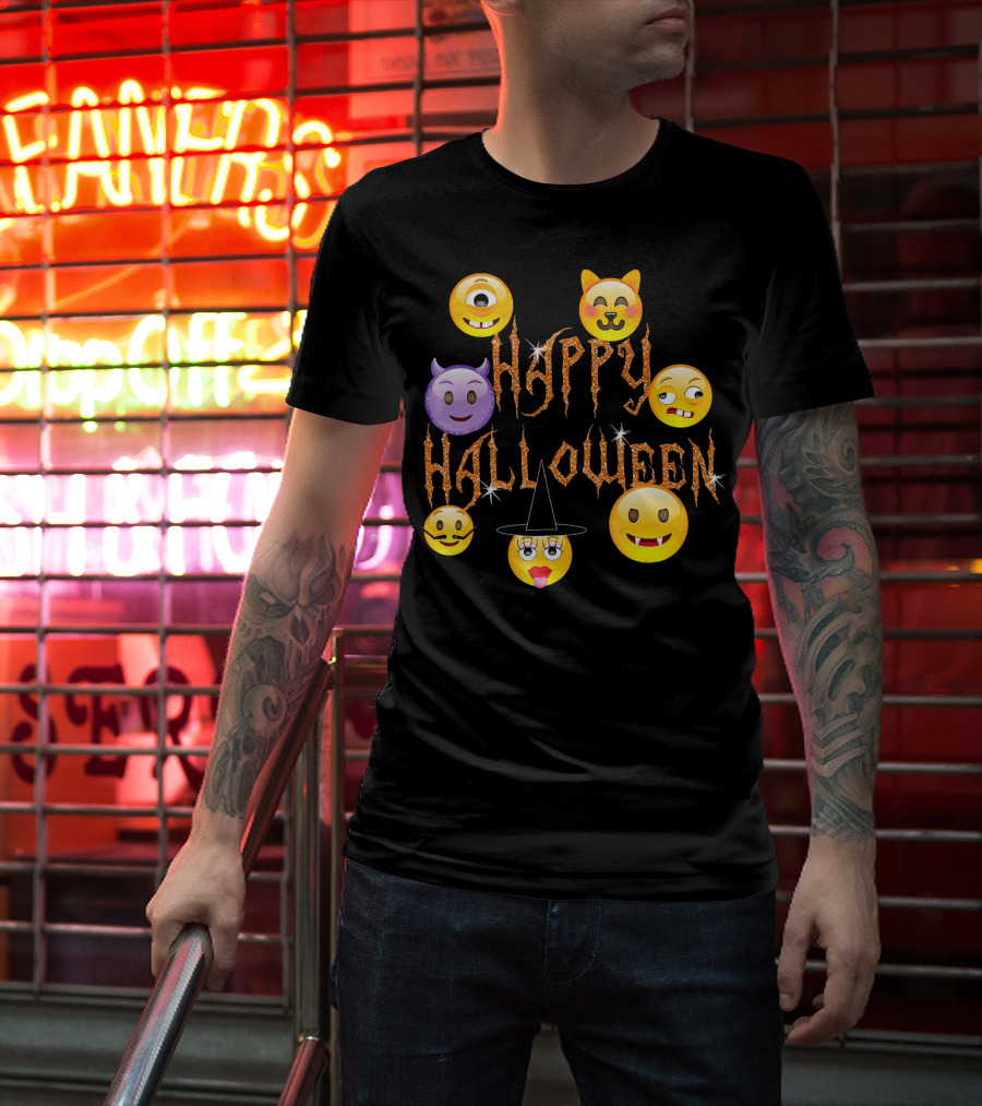 Happy Halloween Emoji Faces Devil Cat Vampire Witch Pumpkin Monster Cyclops T-Shirt