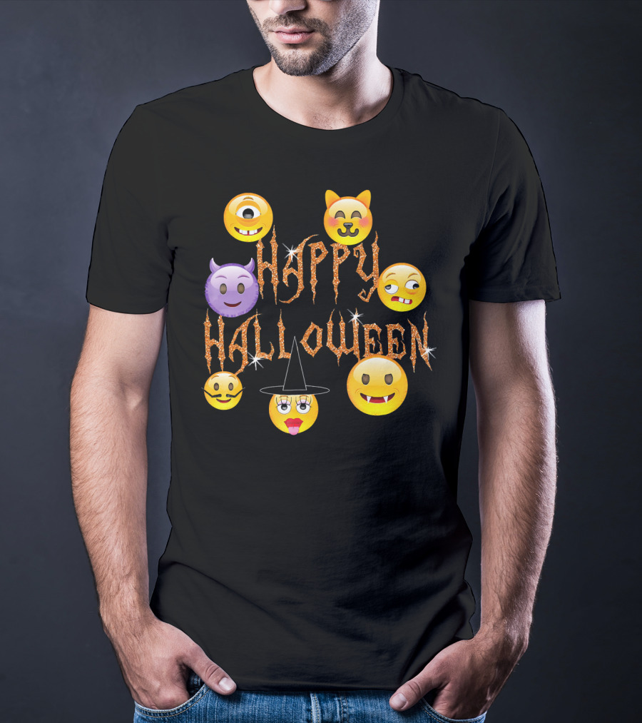 Happy Halloween Emoji Faces Devil Cat Vampire Witch Pumpkin Monster Cyclops T-Shirt