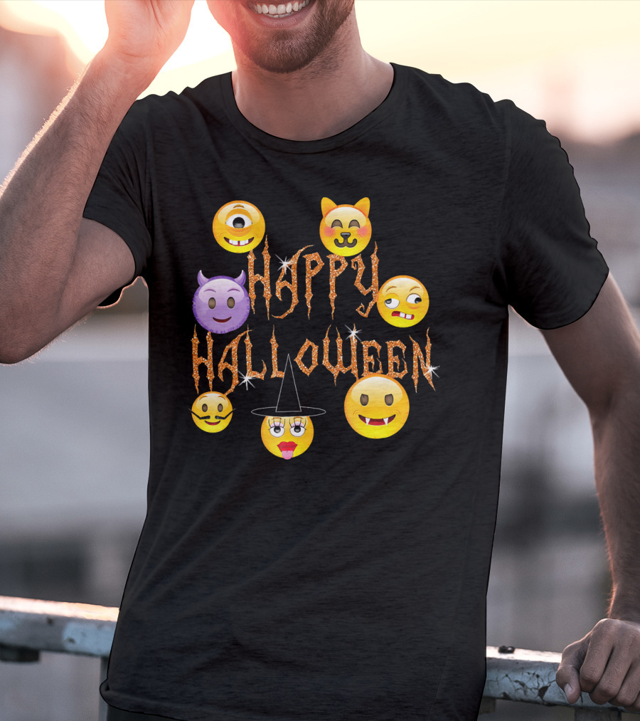 Happy Halloween Emoji Faces Devil Cat Vampire Witch Pumpkin Monster Cyclops T-Shirt