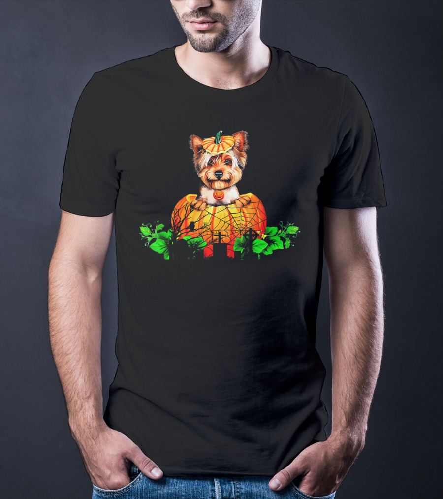 Yorkie Puppy With Pumpkin And Green Leaves Halloween T-Shirt