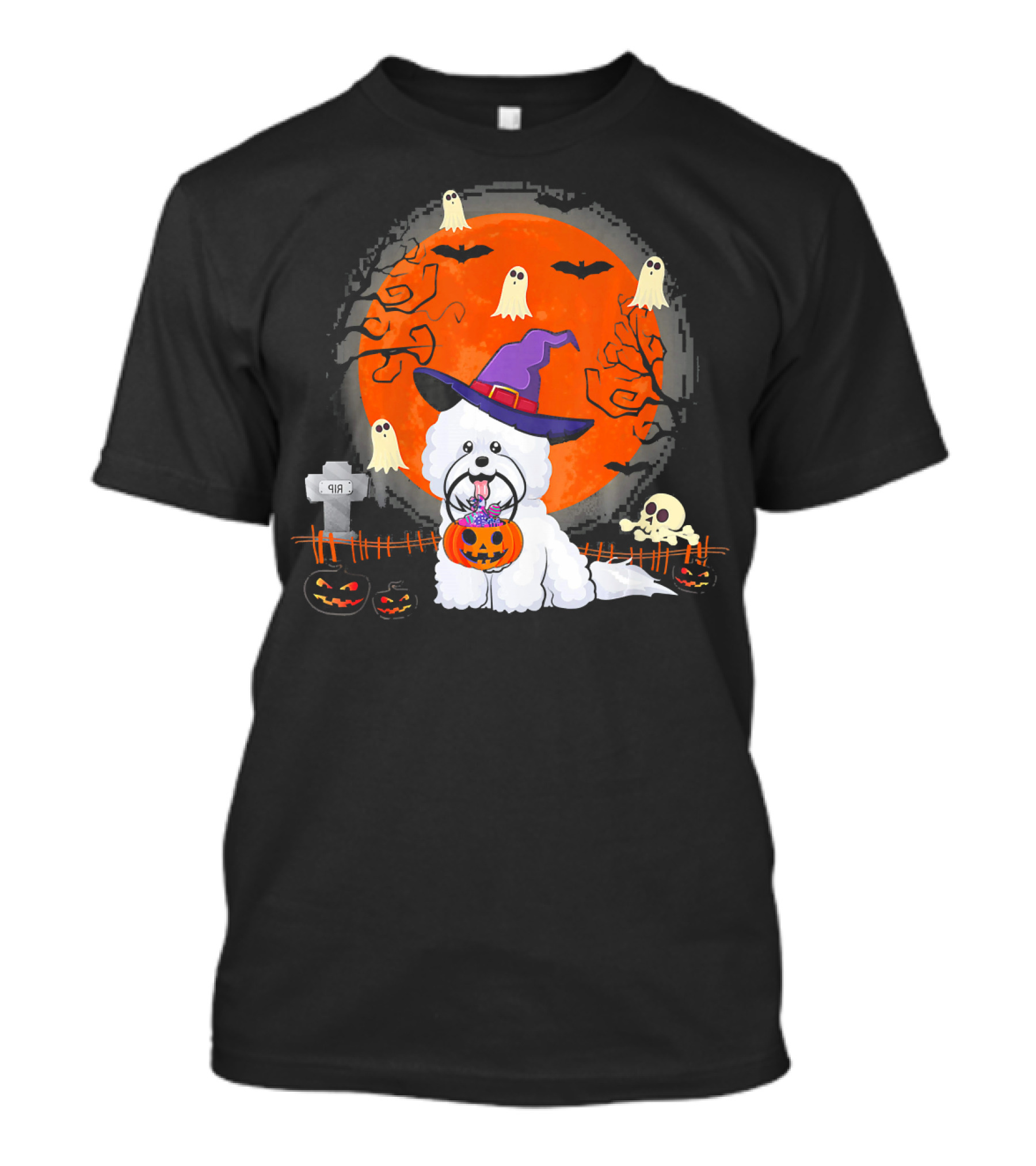 Bichon Frise Dog Witch Halloween Ghosts Jack-o'-Lantern T-Shirt