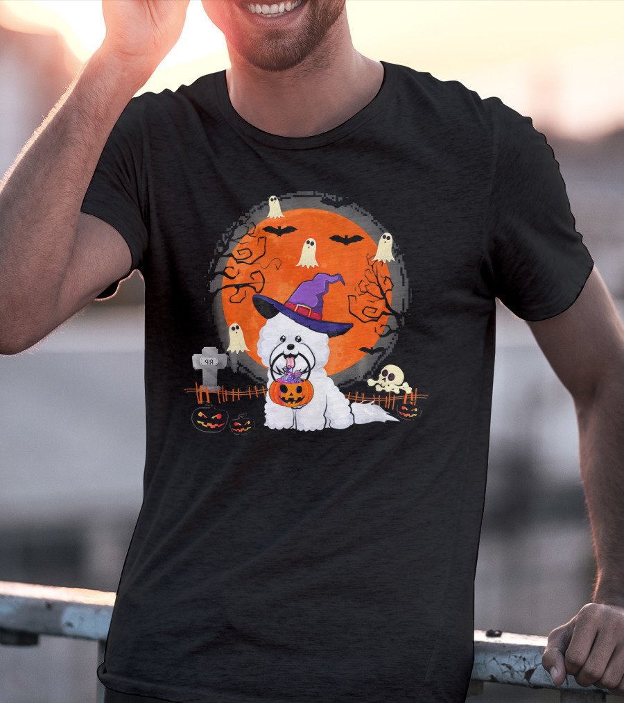 Bichon Frise Dog Witch Halloween Ghosts Jack-o'-Lantern T-Shirt