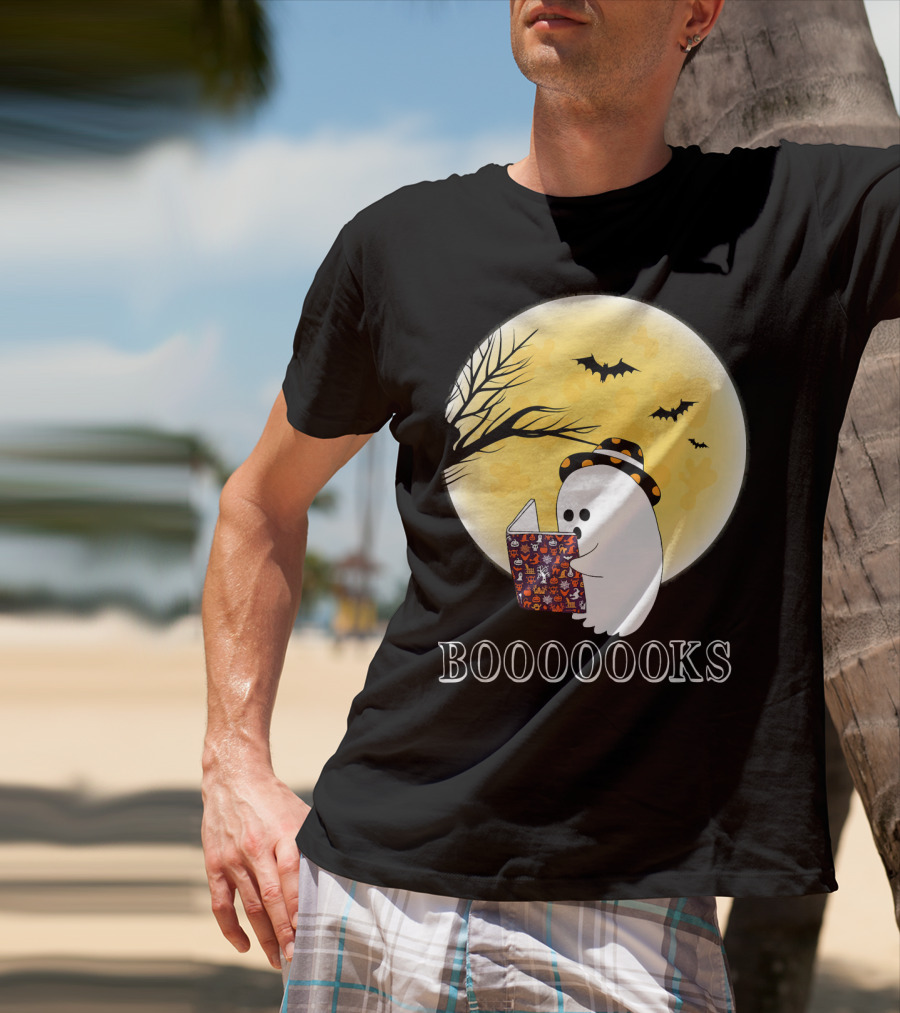 Booooooks Boo Ghost Reading Under The Full Moon Halloween T-Shirt