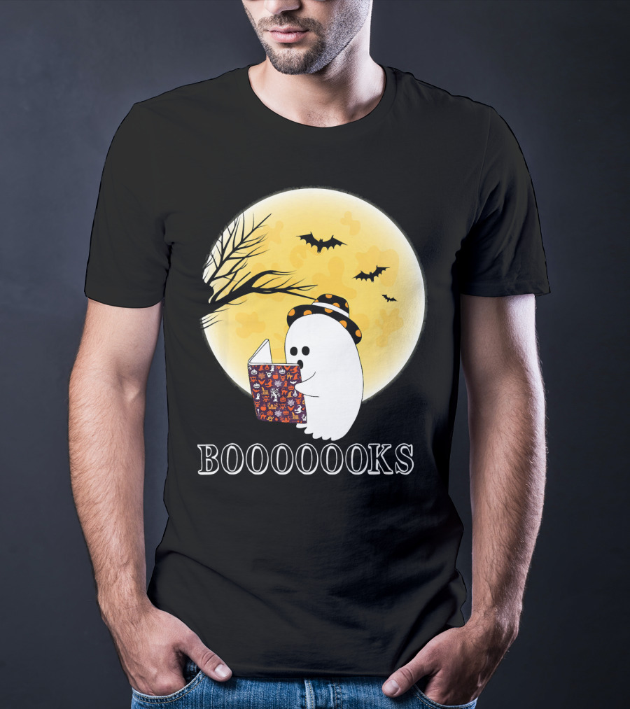 Booooooks Boo Ghost Reading Under The Full Moon Halloween T-Shirt